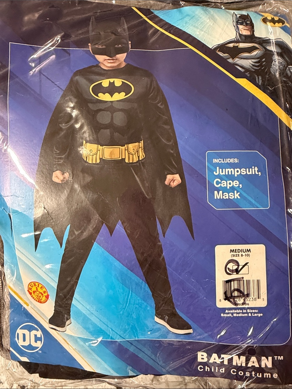 DC Batman Kids Black and Yellow Costume - Jumpsuit, Cape & Mask size 8-10